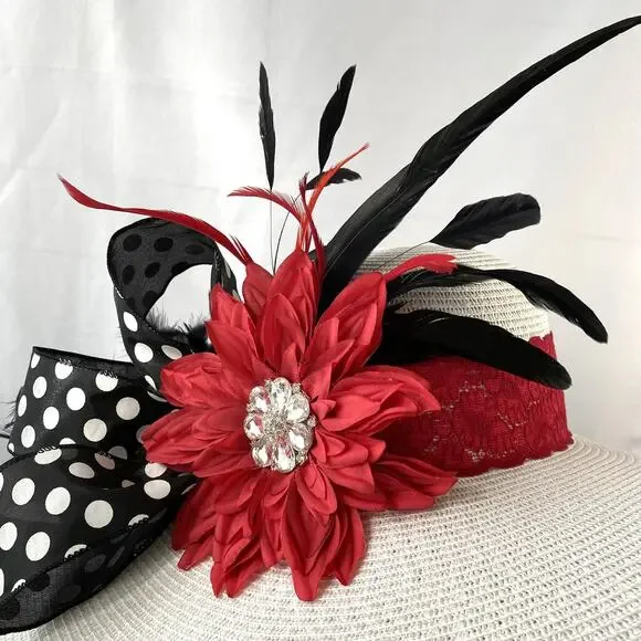 Retro White Red Womens Kentucky Derby Hat Jeweled Flower Polka Dot Bow Wide Brim - Picture 2 of 4